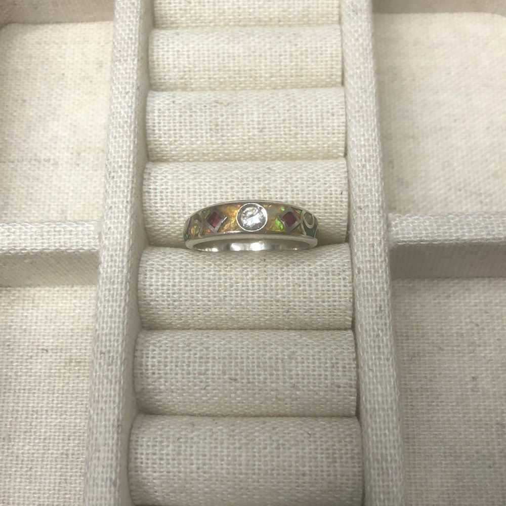 Vintage Sterling Silver Ring with Opal, Ruby & CZ